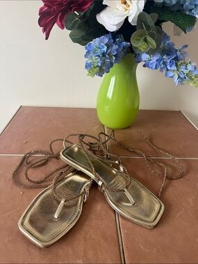 Fashion Nova Metallic Gold Lace-Up Square-Toe Sandals